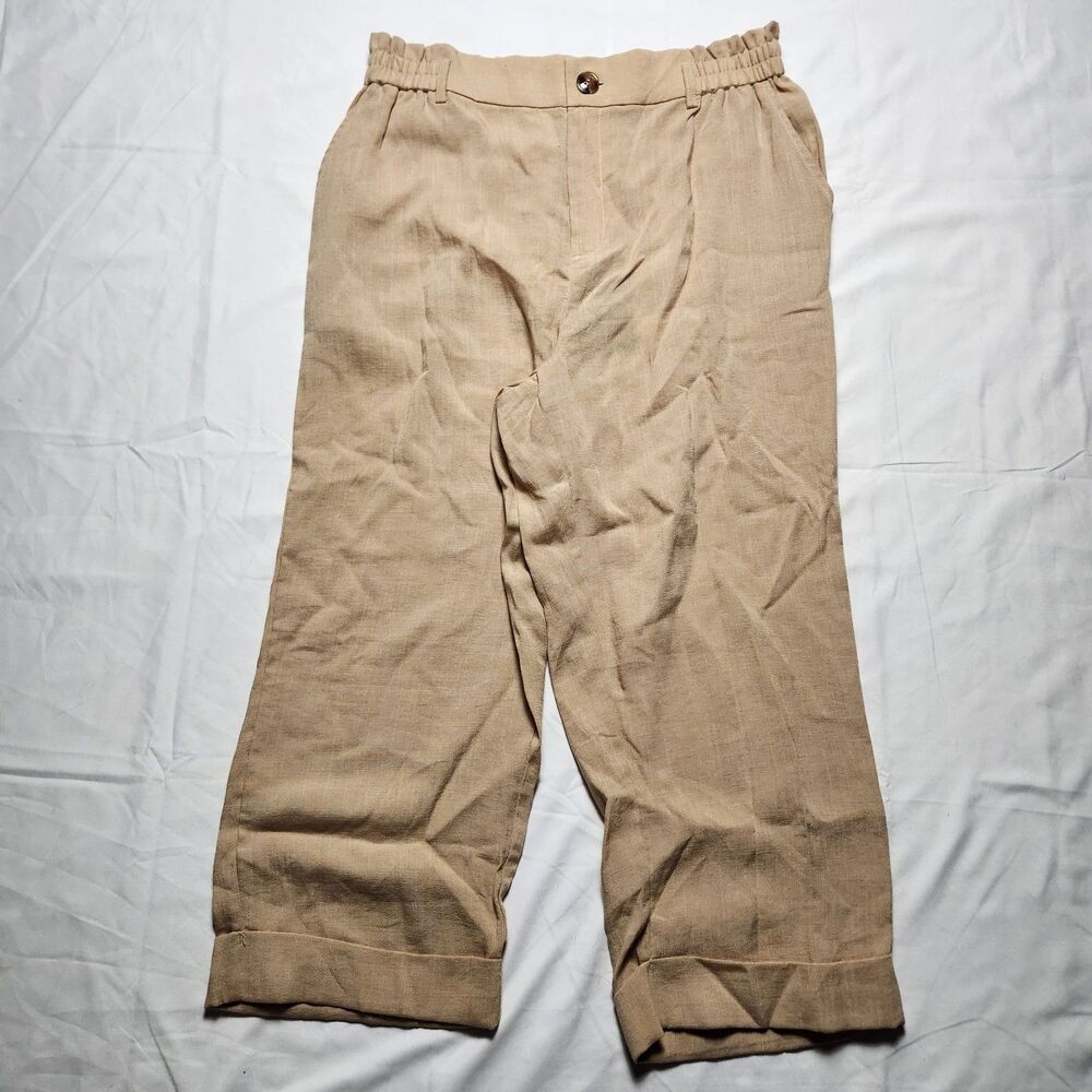 NWT Halara Womens Large High Waisted Zipper Pocket Cropped Linen-Feel Pants Tan